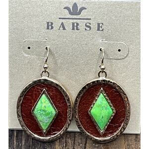 Barse Stiletto Earrings- Lime Turquoise- Leather- Bronze- NWT